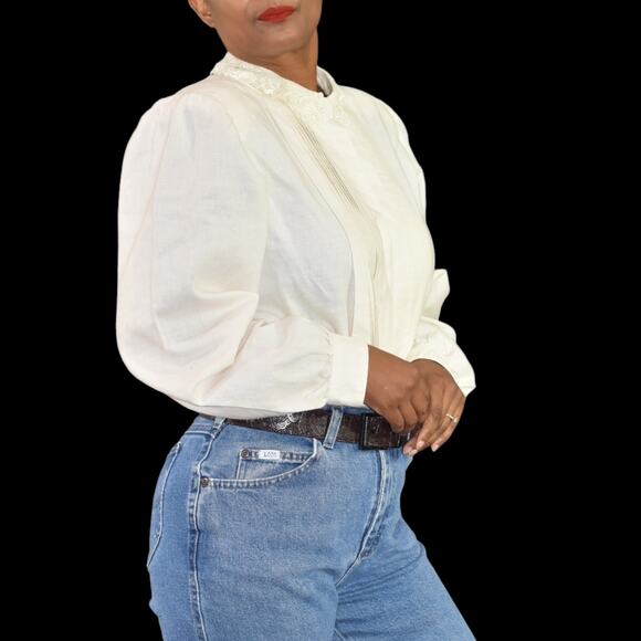 Vintage Peter Pan Collar Shirt White Shoulder Pads Gigot Embroidery Lace Large - Picture 11 of 16